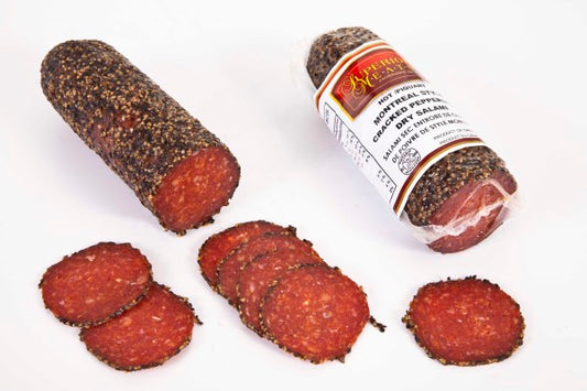 MONTREAL STYLE HOT PEPPERED SALAMI 1/2 CHUB 300 G (superior meats)